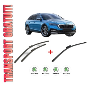 Set 3 stergatoare SKODA Octavia IV (NX3, NN3, PV3) din 2020, pentru parbriz si luneta fata si spate auto, Bosch Aerotwin, din cauciuc siliconat rezistent, 4 Stickere Auto SKODA