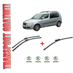 Set 3 stergatoare SKODA ROOMSTER Praktik (5J) din 2007 - 2015, pentru parbriz si luneta fata si spate auto, Valeo Silencio Xtrm, din cauciuc siliconat rezistent, 4 Stickere Auto SKODA