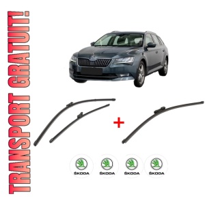 Set 3 stergatoare SKODA SUPERB III Estate (3V5) din 2015 - 2024, pentru parbriz si luneta fata si spate auto, Valeo Silencio Xtrm, din cauciuc siliconat rezistent, 4 Stickere Auto SKODA