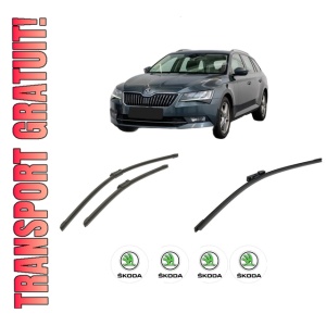 Set 3 stergatoare SKODA SUPERB III Estate (3V5) din 2015-2024, pentru parbriz si luneta fata si spate auto, Bosch Aerotwin-Aerotwin, din cauciuc siliconat rezistent, 4 Stickere Auto SKODA
