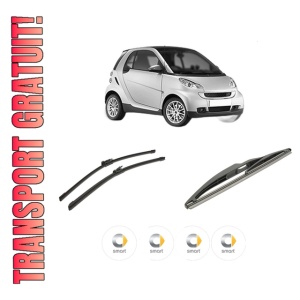 Set 3 stergatoare SMART FORTWO Coupe (451) din 2007-2013, pentru parbriz si luneta fata si spate auto, Bosch Twin-Aerotwin, din cauciuc siliconat rezistent, 4 Stickere Auto SMART