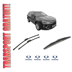 Set 3 stergatoare SSANGYONG KORANDO (C300) din 2021-2023, pentru parbriz si luneta fata si spate auto, Bosch Twin-Aerotwin Retrofit, din cauciuc siliconat rezistent, 4 Stickere Auto SSANGYONG
