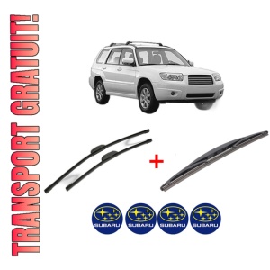 Set 3 stergatoare SUBARU FORESTER (SH_) din 2008 - 2013, pentru parbriz si luneta fata si spate auto, Bosch Twin, din cauciuc siliconat rezistent, 4 Stickere Auto SUBARU