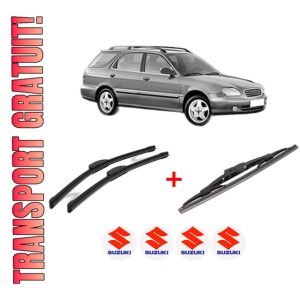 Set 3 stergatoare SUZUKI BALENO Estate (EG) din 1996 - 2002, pentru parbriz si luneta fata si spate auto, Bosch Twin, din cauciuc siliconat rezistent, 4 Stickere Auto SUZUKI