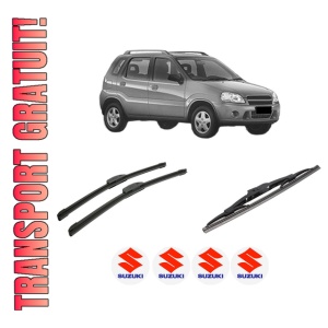 Set 3 stergatoare SUZUKI IGNIS I (FH) din 2000-2005, pentru parbriz si luneta fata si spate auto, Bosch Twin-Aerotwin Retrofit, din cauciuc siliconat rezistent, 4 Stickere Auto SUZUKI