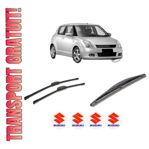 Set 3 stergatoare SUZUKI SWIFT III (MZ, EZ) din 2005-2015, pentru parbriz si luneta fata si spate auto, Bosch Twin-Aerotwin Retrofit, din cauciuc siliconat rezistent, 4 Stickere Auto SUZUKI