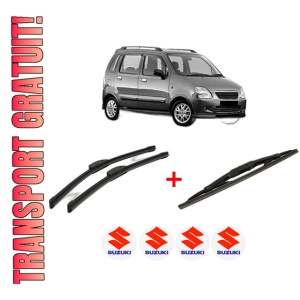 Set 3 stergatoare SUZUKI WAGON R+ (MA) din 2000 - 2008, pentru parbriz si luneta fata si spate auto, Bosch Twin, din cauciuc siliconat rezistent, 4 Stickere Auto SUZUKI