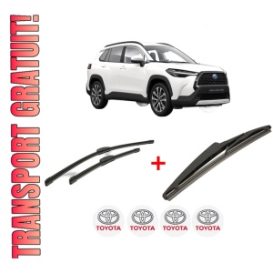 Set 3 stergatoare TOYOTA COROLLA CROSS (ZVG1_, ZSG1_, MXGH1_, MXGA1_) din 2022, pentru parbriz si luneta fata si spate auto, Bosch Twin, din cauciuc siliconat rezistent, 4 Stickere Auto TOYOTA
