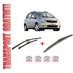 Set 3 stergatoare TOYOTA COROLLA Verso (_E12_) din 2001 - 2004, pentru parbriz si luneta fata si spate auto, Bosch Twin, din cauciuc siliconat rezistent, 4 Stickere Auto TOYOTA