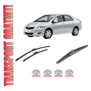 Set 3 stergatoare TOYOTA YARIS / VIOS Saloon (_P9_) din 2005-2013, pentru parbriz si luneta fata si spate auto, Bosch Twin-Aerotwin Retrofit, din cauciuc siliconat rezistent, 4 Stickere Auto TOYOTA