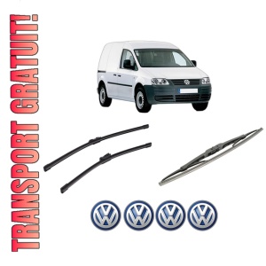 Set 3 stergatoare Volkswagen CADDY III MPV (2KB, 2KJ, 2CB, 2CJ) din 2004-2015, pentru parbriz si luneta fata si spate auto, Bosch Twin-Aerotwin, din cauciuc siliconat rezistent, 4 Stickere Auto Volkswagen
