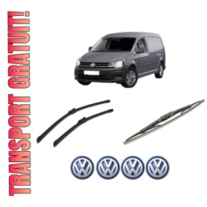 Set 3 stergatoare Volkswagen CADDY IV MPV (SAB, SAJ) din 2015-2020, pentru parbriz si luneta fata si spate auto, Bosch Twin-Aerotwin, din cauciuc siliconat rezistent, 4 Stickere Auto Volkswagen