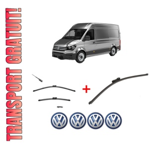 Set 3 stergatoare Volkswagen CRAFTER Van (SY_, SX_) din 2016 - 2024, pentru parbriz si luneta fata si spate auto, Valeo Silencio Xtrm, din cauciuc siliconat rezistent, 4 Stickere Auto VW