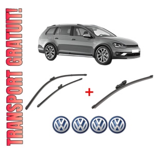 Set 3 stergatoare Volkswagen GOLF ALLTRACK VII Variant (BA5, BV5) din 2014 - 2020, pentru parbriz si luneta fata si spate auto, Valeo Silencio Xtrm, din cauciuc siliconat rezistent, 4 Stickere Auto VW