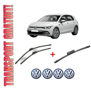 Set 3 stergatoare Volkswagen GOLF VIII (CD1, DA1) din 2019, pentru parbriz si luneta fata si spate auto, Bosch Aerotwin, din cauciuc siliconat rezistent, 4 Stickere Auto VW