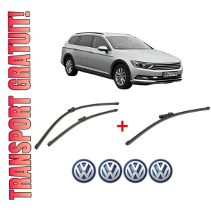 Set 3 stergatoare Volkswagen PASSAT ALLTRACK B8 Variant (3G5, CB5) din 2015 - 2024, pentru parbriz si luneta fata si spate auto, Valeo Silencio Xtrm, din cauciuc siliconat rezistent, 4 Stickere Auto VW
