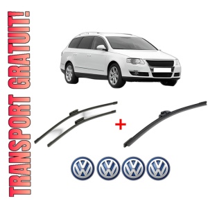 Set 3 stergatoare Volkswagen PASSAT B6 Variant (3C5) din 2005 - 2011, pentru parbriz si luneta fata si spate auto, Bosch Aerotwin, din cauciuc siliconat rezistent, 4 Stickere Auto VW