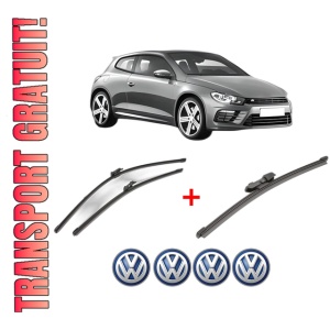 Set 3 stergatoare Volkswagen SCIROCCO III (137, 138) din 2008 - 2017, pentru parbriz si luneta fata si spate auto, Valeo Silencio Xtrm, din cauciuc siliconat rezistent, 4 Stickere Auto VW