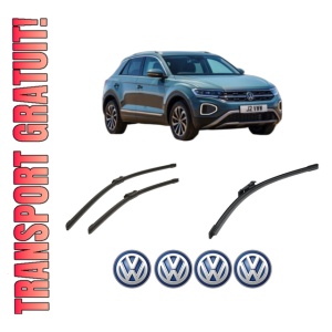 Set 3 stergatoare Volkswagen T-ROC (A11, D11) din 2017-2022, pentru parbriz si luneta fata si spate auto, Bosch Aerotwin-Aerotwin, din cauciuc siliconat rezistent, 4 Stickere Auto Volkswagen