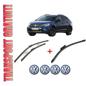 Set 3 stergatoare Volkswagen TAIGO (CS1) din 2021 - 2024, pentru parbriz si luneta fata si spate auto, Bosch Aerotwin, din cauciuc siliconat rezistent, 4 Stickere Auto VW