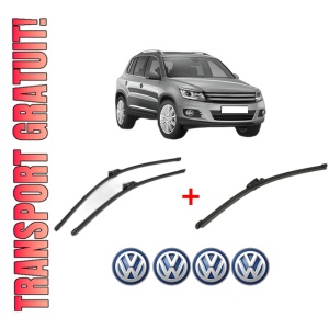 Set 3 stergatoare Volkswagen TIGUAN (5N_) din 2007 - 2018, pentru parbriz si luneta fata si spate auto, Valeo Silencio Xtrm, din cauciuc siliconat rezistent, 4 Stickere Auto VW