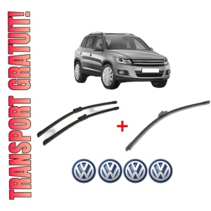 Set 3 stergatoare Volkswagen TIGUAN (5N_) din 2007 - 2018, pentru parbriz si luneta fata si spate auto, Bosch Aerotwin, din cauciuc siliconat rezistent, 4 Stickere Auto VW