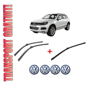 Set 3 stergatoare Volkswagen TOUAREG VAN (7P5) din 2011 - 2014, pentru parbriz si luneta fata si spate auto, Bosch Aerotwin, din cauciuc siliconat rezistent, 4 Stickere Auto VW