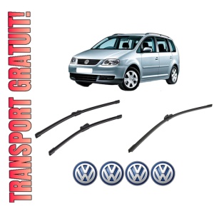 Set 3 stergatoare Volkswagen TOURAN (1T1, 1T2) din 2003-2010, pentru parbriz si luneta fata si spate auto, Bosch Aerotwin-Aerotwin, din cauciuc siliconat rezistent, 4 Stickere Auto Volkswagen