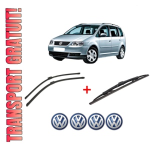 Set 3 stergatoare Volkswagen TOURAN VAN (1T1, 1T2) din 2003 - 2010, pentru parbriz si luneta fata si spate auto, Bosch Twin, din cauciuc siliconat rezistent, 4 Stickere Auto VW