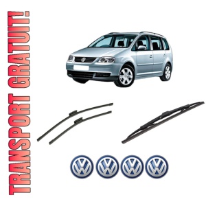 Set 3 stergatoare Volkswagen TOURAN VAN (1T1, 1T2) din 2003-2010, pentru parbriz si luneta fata si spate auto, Bosch Twin-Aerotwin Multi, din cauciuc siliconat rezistent, 4 Stickere Auto Volkswagen