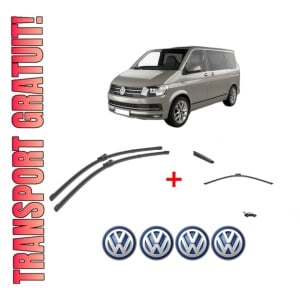 Set 3 stergatoare Volkswagen TRANSPORTER T5 Bus (7HB, 7HJ, 7EB, 7EJ) din 2003 - 2015, pentru parbriz si luneta fata si spate auto, Valeo Silencio, din cauciuc siliconat rezistent, 4 Stickere Auto VW