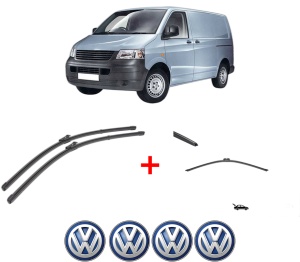 Set 3 stergatoare Volkswagen TRANSPORTER T5 Van (7HA, 7HH, 7EA, 7EH) din 2003 - 2015, pentru parbriz si luneta fata si spate auto, Valeo Silencio, din cauciuc siliconat rezistent, 4 Stickere Auto VW v12203
