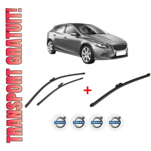 Set 3 stergatoare VOLVO V40 Hatchback (525) din 2012 - 2019, pentru parbriz si luneta fata si spate auto, Valeo Silencio, din cauciuc siliconat rezistent, 4 Stickere Auto VOLVO