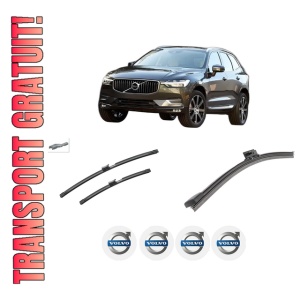 Set 3 stergatoare VOLVO XC60 II (246) din 2017-2022, pentru parbriz si luneta fata si spate auto, Bosch Aerotwin-Aerotwin Jet Blade, din cauciuc siliconat rezistent, 4 Stickere Auto VOLVO