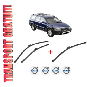 Set 3 stergatoare VOLVO XC70 II (136) din 2007 - 2016, pentru parbriz si luneta fata si spate auto, Valeo Silencio Xtrm, din cauciuc siliconat rezistent, 4 Stickere Auto VOLVO