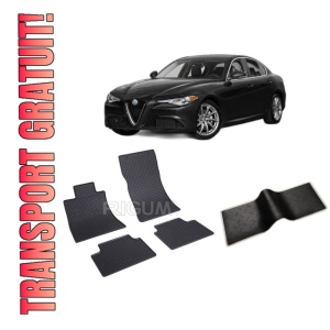 Set 5 covorase ALFA ROMEO GIULIA din 06.2016-2019, cu covoras tunel median, CAROSERIE SEDAN 4X2, Presuri cauciuc 100%, compatibil cu autoturismul ALFA ROMEO GIULIA, Rigum