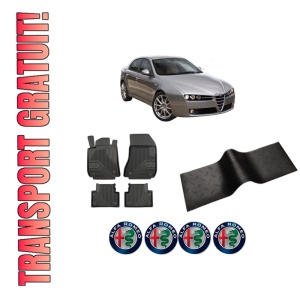 Set 5 covorase auto ALFA ROMEO 159 (939_) din 2010-2018, cu covoras tunel median, presuri auto din cauciuc, 4x Stickere auto cu ALFA ROMEO