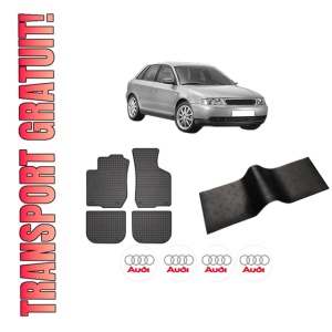 Set 5 covorase auto AUDI A3 (8L1) din 2013-2021, cu covoras tunel median, presuri auto din cauciuc, 4x Stickere auto cu AUDI