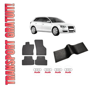 Set 5 covorase auto AUDI A3 Sportback (8PA) din 2009-2014, cu covoras tunel median, presuri auto din cauciuc, 4x Stickere auto cu AUDI
