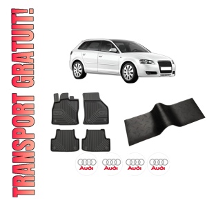 Set 5 covorase auto AUDI A3 Sportback (8PA) din 2009-2014, cu covoras tunel median, presuri auto din cauciuc, 4x Stickere auto cu AUDI