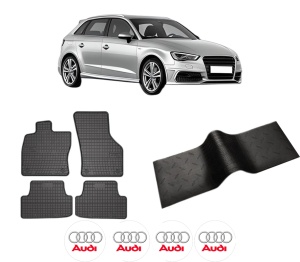 Set 5 covorase auto AUDI A3 Sportback (8VA, 8VF) din 2008-2018, cu covoras tunel median, presuri auto din cauciuc, 4x Stickere auto cu AUDI - Img 2