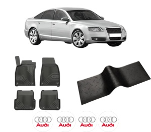 Set 5 covorase auto AUDI A6 C6 (4F2) din 2008-2017, cu covoras tunel median, presuri auto din cauciuc, 4x Stickere auto cu AUDI - Img 2