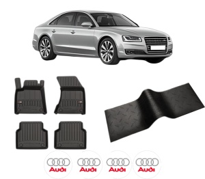 Set 5 covorase auto AUDI A8 D4 (4H2, 4H8, 4HC, 4HL) din 2008-2018, cu covoras tunel median, presuri auto din cauciuc, 4x Stickere auto cu AUDI - Img 2