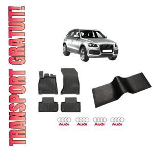 Set 5 covorase auto AUDI Q5 (8RB) din 2007, cu covoras tunel median, presuri auto din cauciuc, 4x Stickere auto cu AUDI