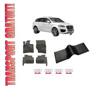 Set 5 covorase auto AUDI Q7 (4LB) din 2004-2008, cu covoras tunel median, presuri auto din cauciuc, 4x Stickere auto cu AUDI