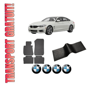 Set 5 covorase auto BMW Seria 3 Gran Turismo (F34) din 2014-2018, cu covoras tunel median, presuri auto din cauciuc, 4x Stickere auto cu BMW
