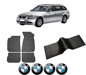 Set 5 covorase auto BMW Seria 3 Touring (E91) din 2008-2018, cu covoras tunel median, presuri auto din cauciuc, 4x Stickere auto cu BMW - Img 2