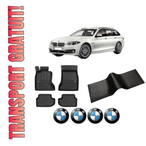 Set 5 covorase auto BMW Seria 5 Touring (F11) din 2014-2019, cu covoras tunel median, presuri auto din cauciuc, 4x Stickere auto cu BMW