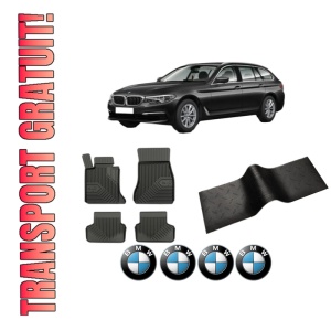 Set 5 covorase auto BMW Seria 5 Touring (G31) din 2008-2016, cu covoras tunel median, presuri auto din cauciuc, 4x Stickere auto cu BMW