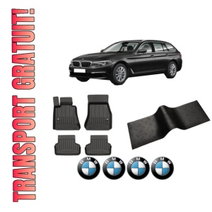 Set 5 covorase auto BMW Seria 5 Touring (G31) din 2008-2016, cu covoras tunel median, presuri auto din cauciuc, 4x Stickere auto cu BMW